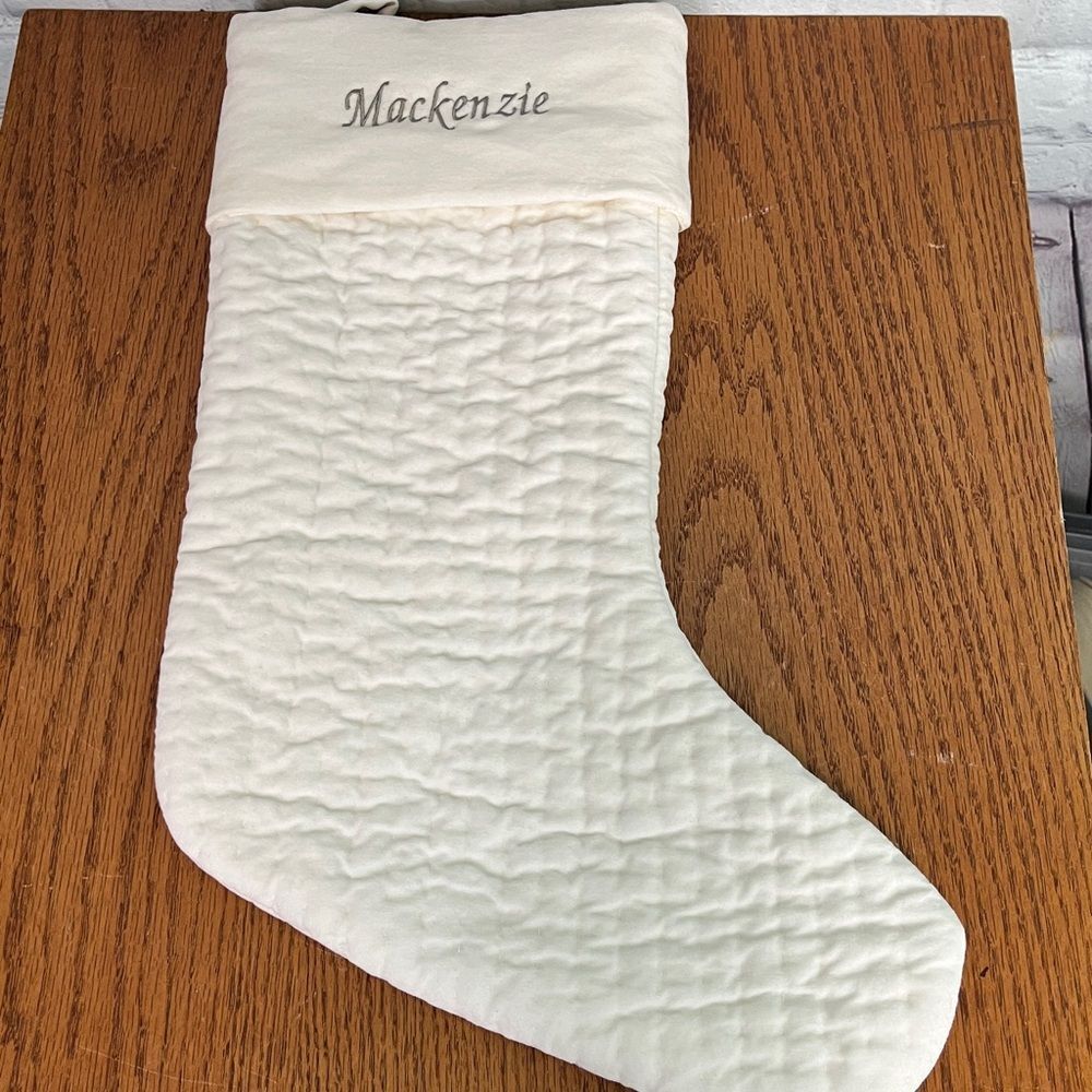 {Pottery Barn} quilted stocking with name Mackenzie embroidered in Gray